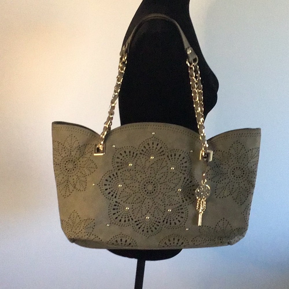 Jessica Simpson Olive Green Perforated Tote with Gold Hardware